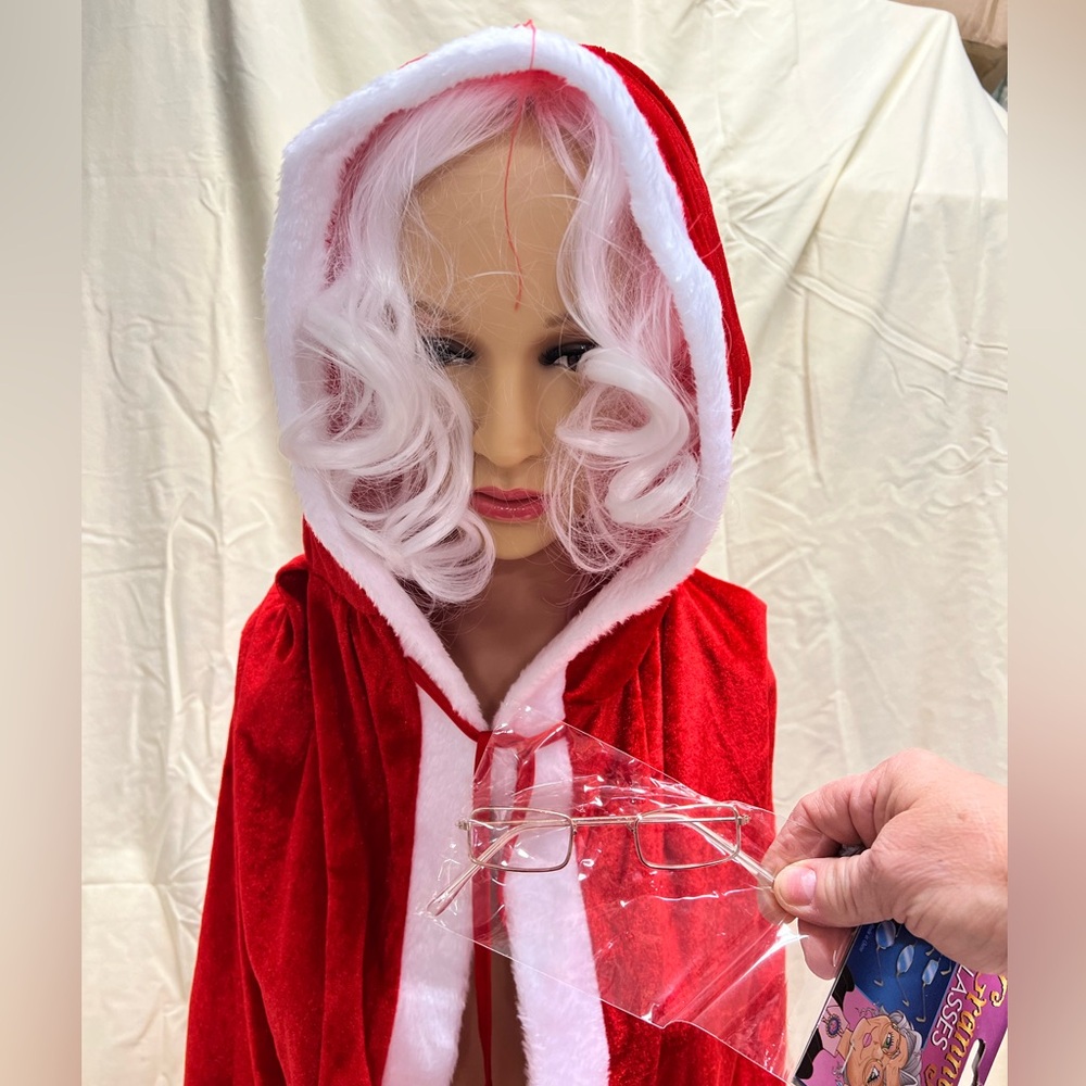 Mrs Clause hooded coat & wig glasses costume